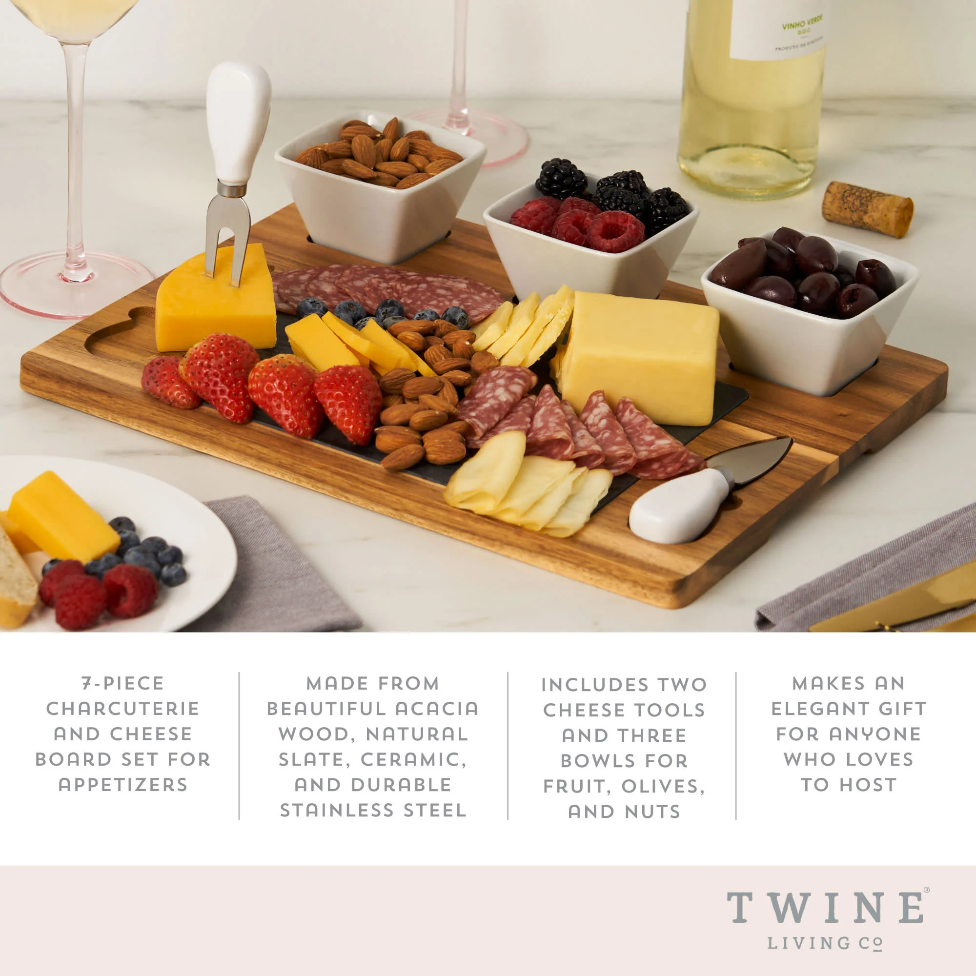 Acacia & slate cheese board set w/ceramic bowls by twine - Image 4