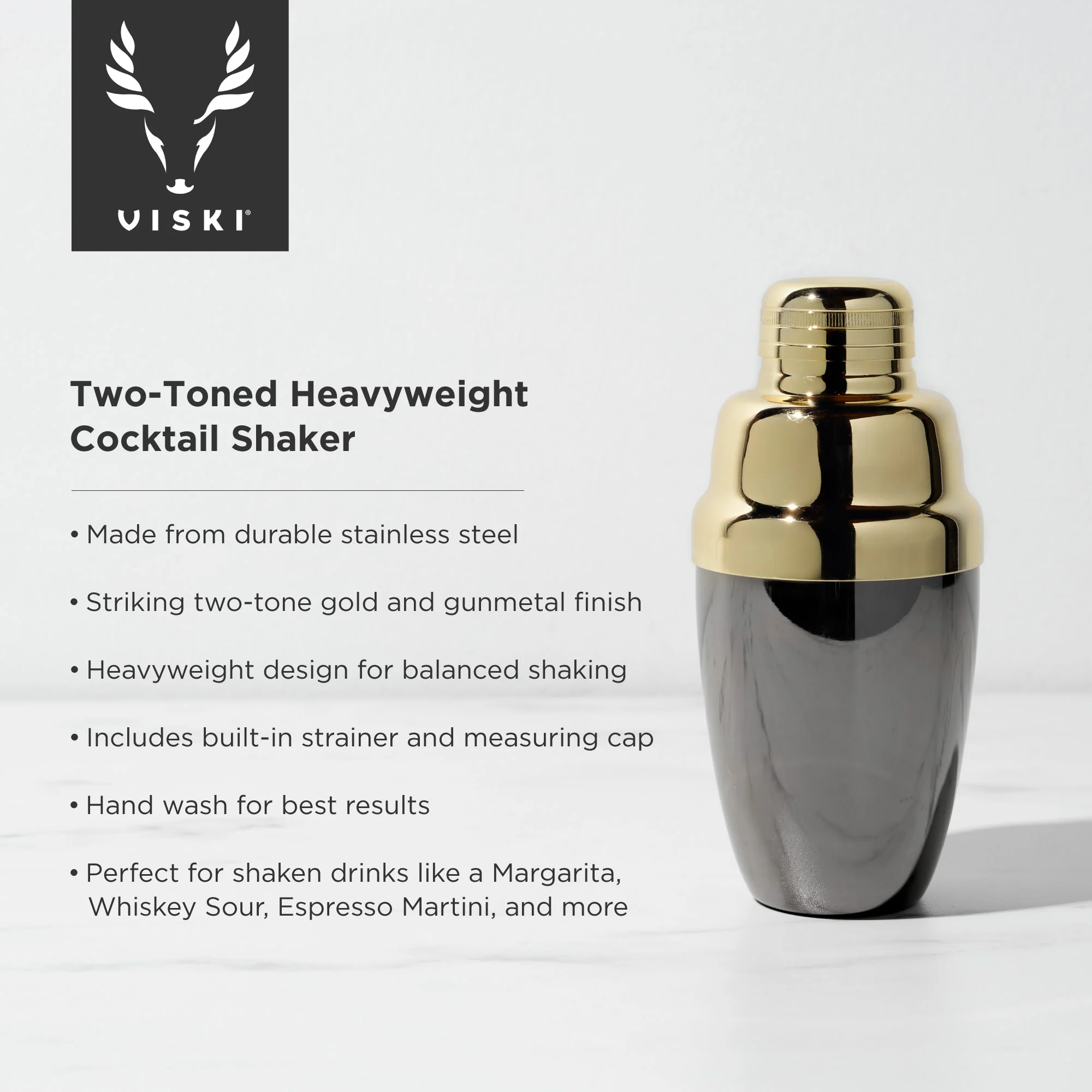 Deco heavyweight cocktail shaker in black & gold viski® - Image 4